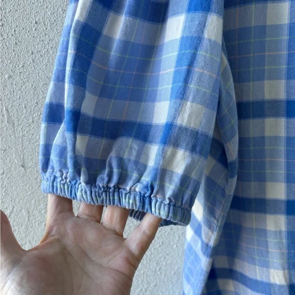 Vineyard Vines XXL Blue Checkered Button Front Short Sleeve Top Ruffle Neck Soft - Picture 4 of 12